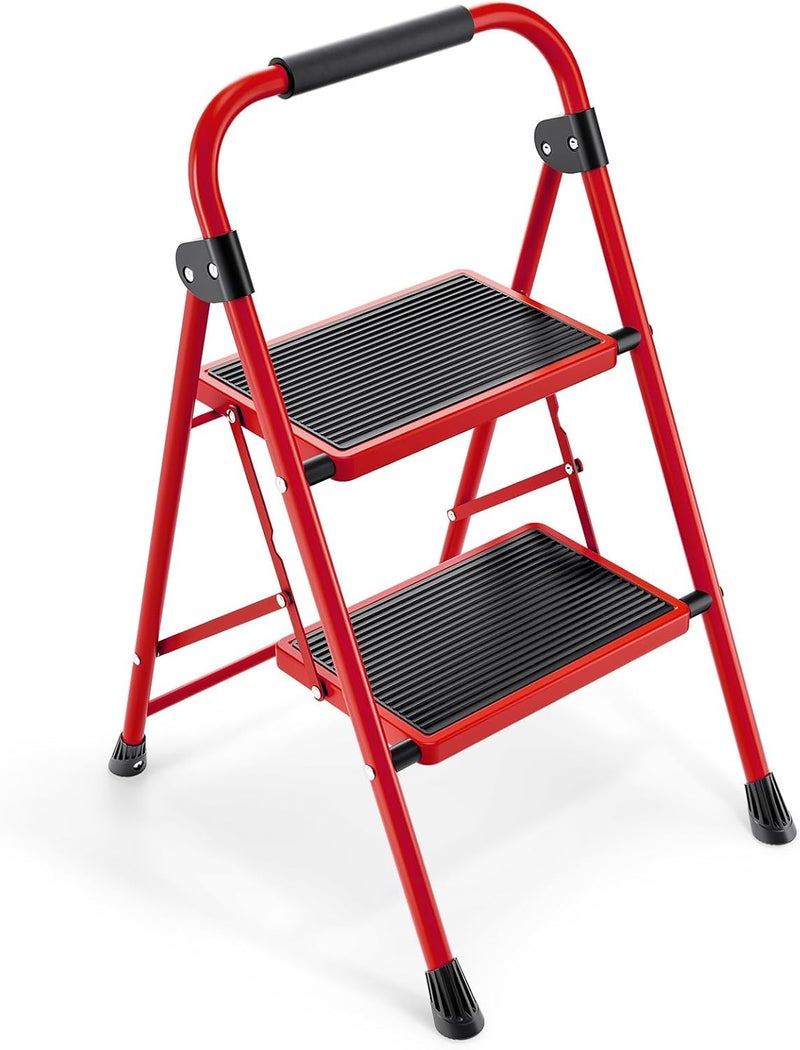 KINGRACK 2 Step Ladder, 2 Step Folding,Kitchen Ladder with Anti-Slip and Wide Pedal,Small Step Ladder with Handrails,Lightweight Portable Step Ladder for Kitchen Household,Red - Image 1